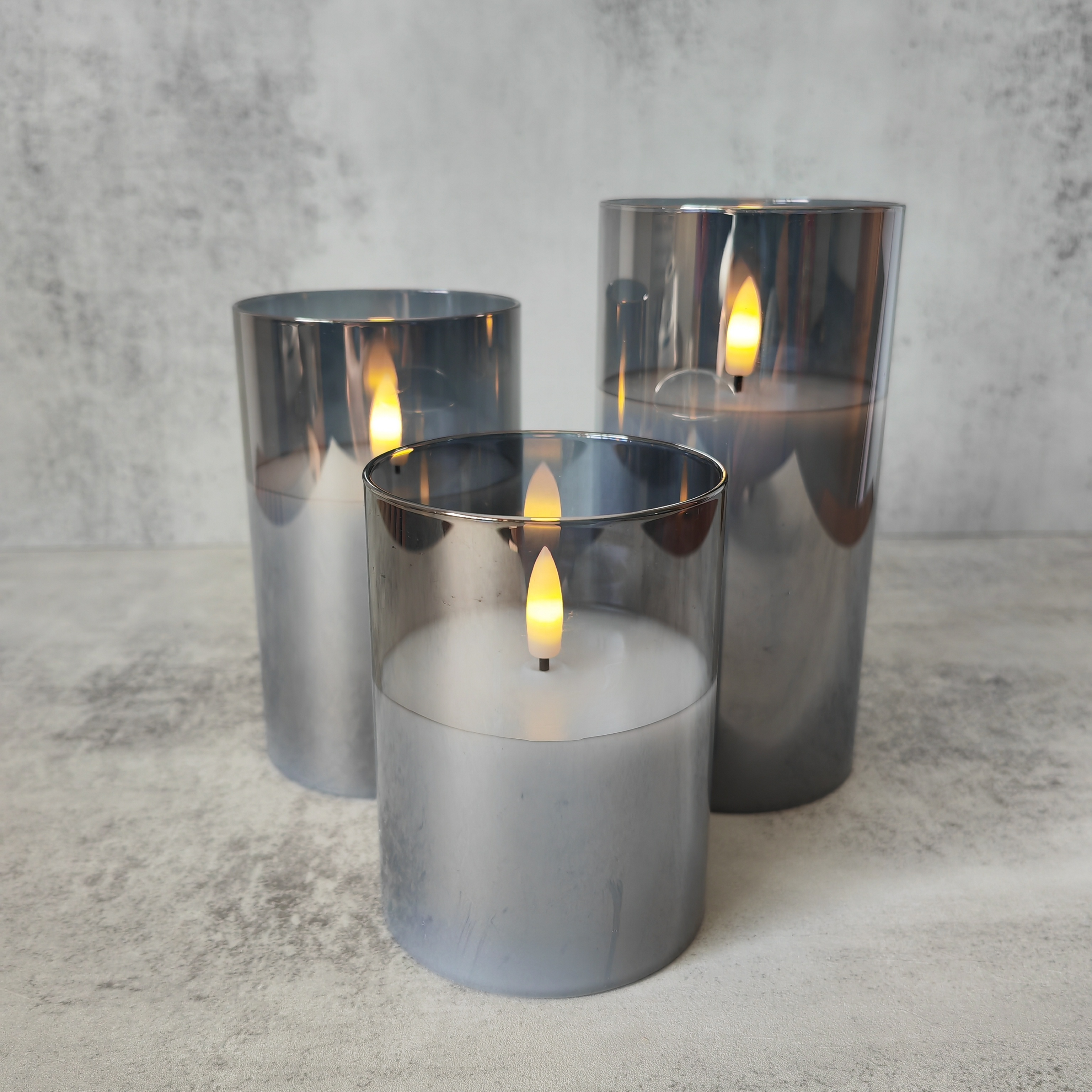 Set of 3 Battery Operated  Flameless Flickering 3D Real Flame Electronic Wax LED Candle in Grey Glass Jar with Remote and Timer