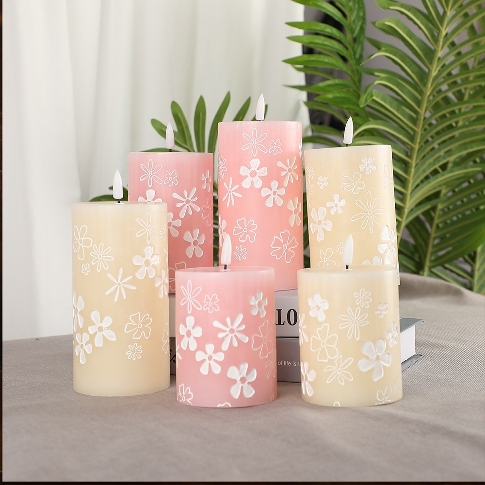 New Arrival Real Wax Flameless Romantic Pillar Flower Painted Pink LED Candles with 3D Wick and Remote Control, Set of 3