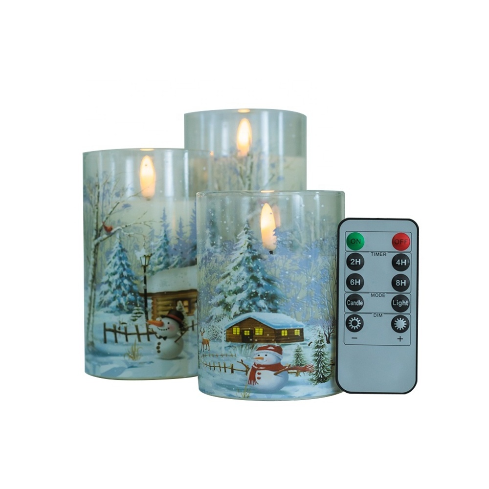 Snowy Snowman Pattern Glass Flameless Candle with Remote Timer Battery Operated Flickering LED Pillar Candles 3 Pack Warm White