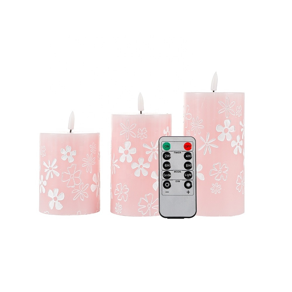 New Arrival Real Wax Flameless Romantic Pillar Flower Painted Pink LED Candles with 3D Wick and Remote Control, Set of 3