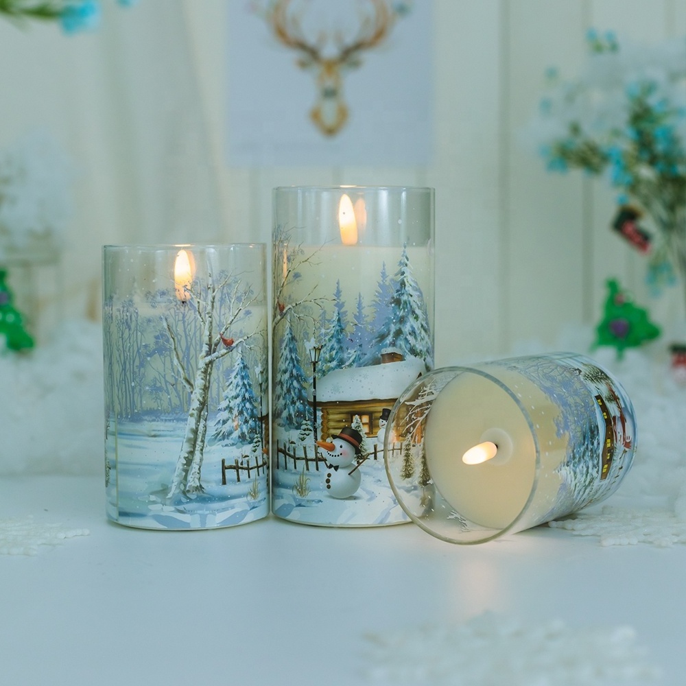 Snowy Snowman Pattern Glass Flameless Candle with Remote Timer Battery Operated Flickering LED Pillar Candles 3 Pack Warm White