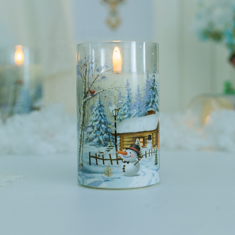 Snowy Snowman Pattern Glass Flameless Candle with Remote Timer Battery Operated Flickering LED Pillar Candles 3 Pack Warm White