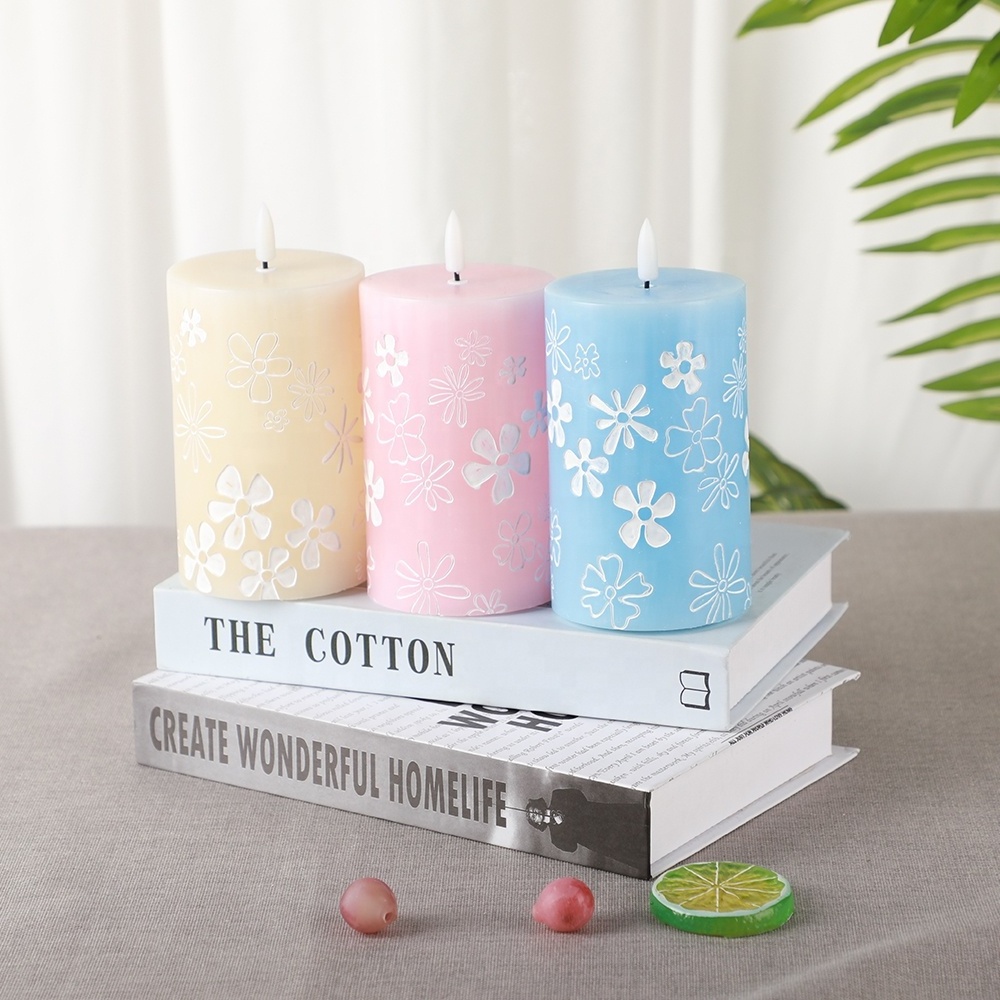 New Arrival Real Wax Flameless Romantic Pillar Flower Painted Pink LED Candles with 3D Wick and Remote Control, Set of 3