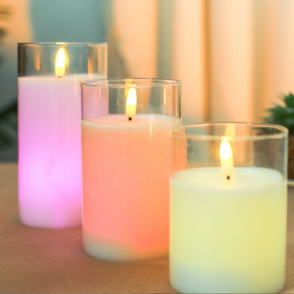 3PCS Multi Colored Changing Battery Powered Flameless Flickering 3D Real Flame Electronic Wax Glass LED Candle with Remote/Timer