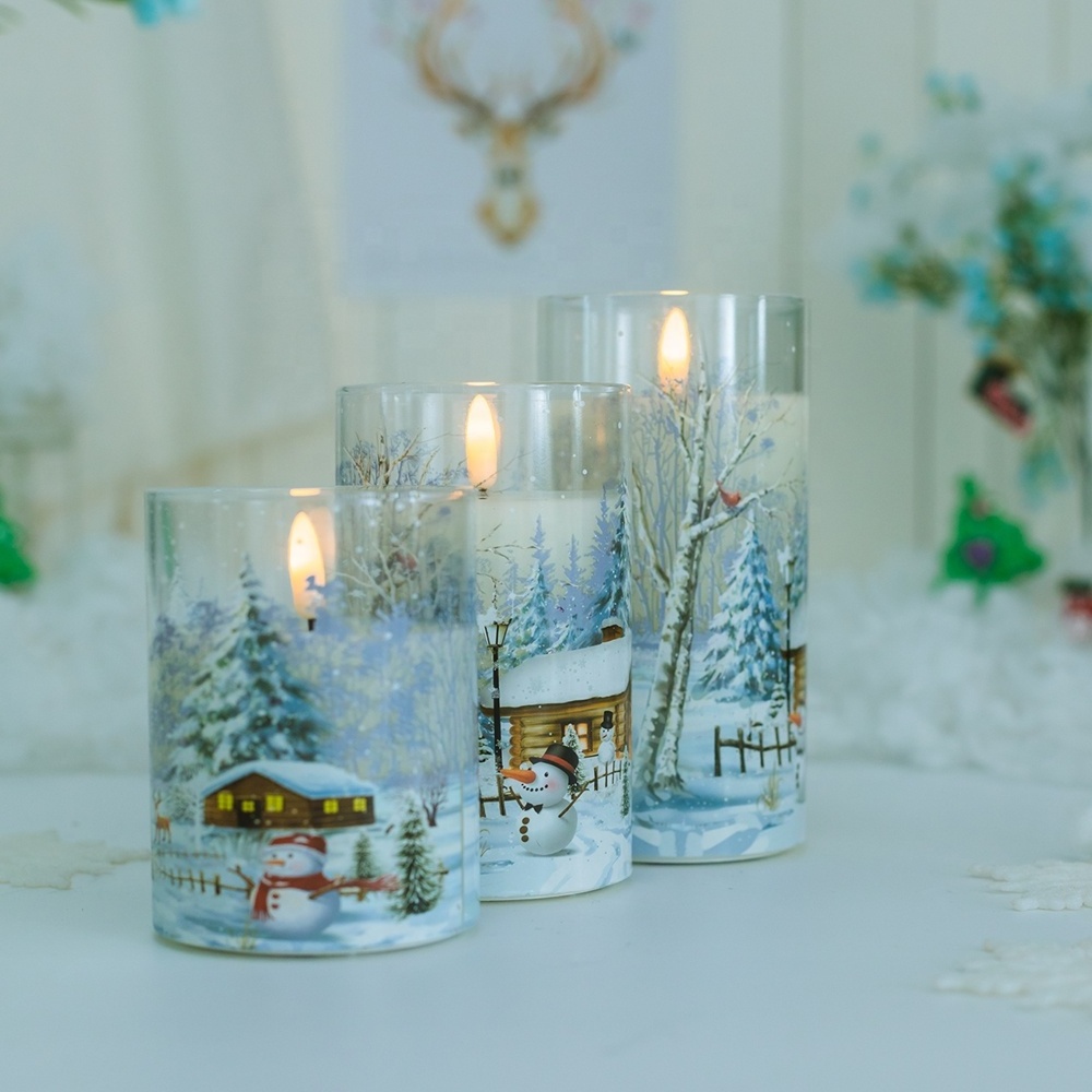 Snowy Snowman Pattern Glass Flameless Candle with Remote Timer Battery Operated Flickering LED Pillar Candles 3 Pack Warm White