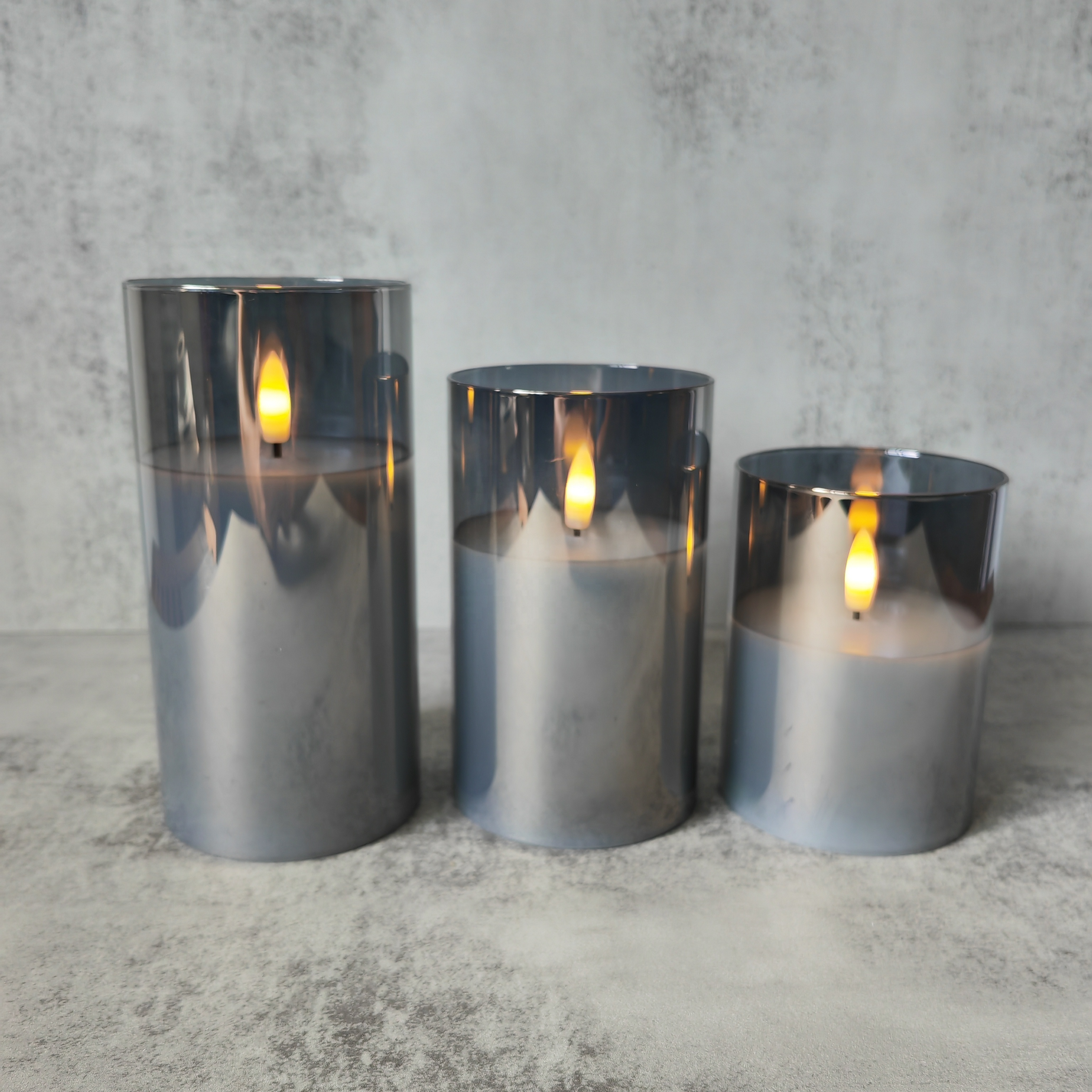 Set of 3 Battery Operated  Flameless Flickering 3D Real Flame Electronic Wax LED Candle in Grey Glass Jar with Remote and Timer