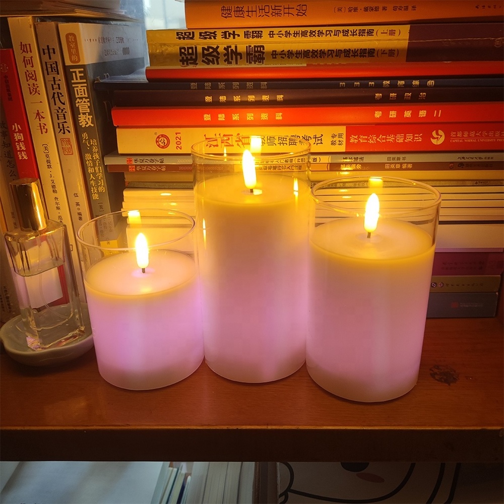 3PCS Multi Colored Changing Battery Powered Flameless Flickering 3D Real Flame Electronic Wax Glass LED Candle with Remote/Timer