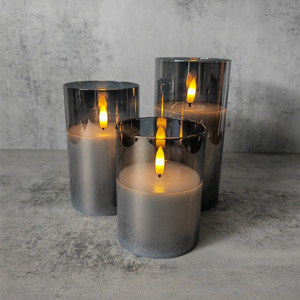 Set of 3 Battery Operated  Flameless Flickering 3D Real Flame Electronic Wax LED Candle in Grey Glass Jar with Remote and Timer