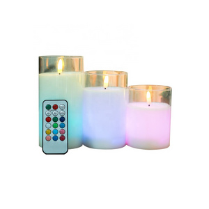 3PCS Multi Colored Changing Battery Powered Flameless Flickering 3D Real Flame Electronic Wax Glass LED Candle with Remote/Timer