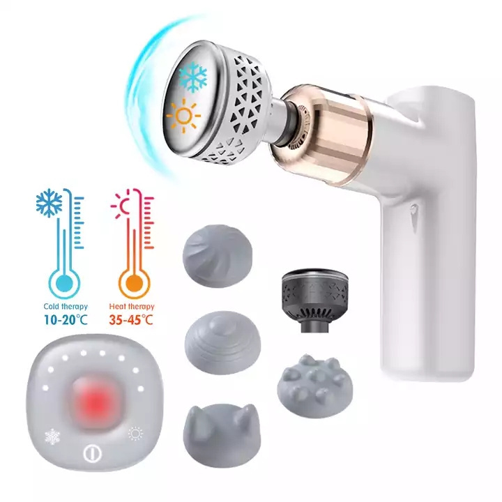 Mini Portable Heated Fascial Gun Deep Tissue Pressure Relief Gym Body Hot And Cold Massage Gun With 4 Attachment Heads