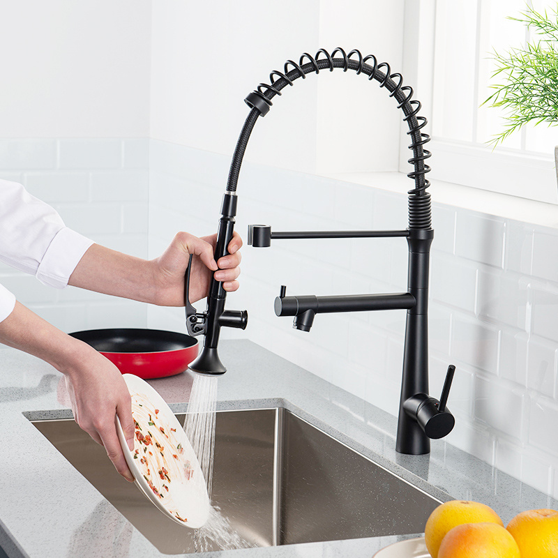 Fapully Modern Black LED High Arc Kitchen Sink Faucet with Pull Down Spring Spout Brass Kitchen Faucet with Pull Down Sprayer