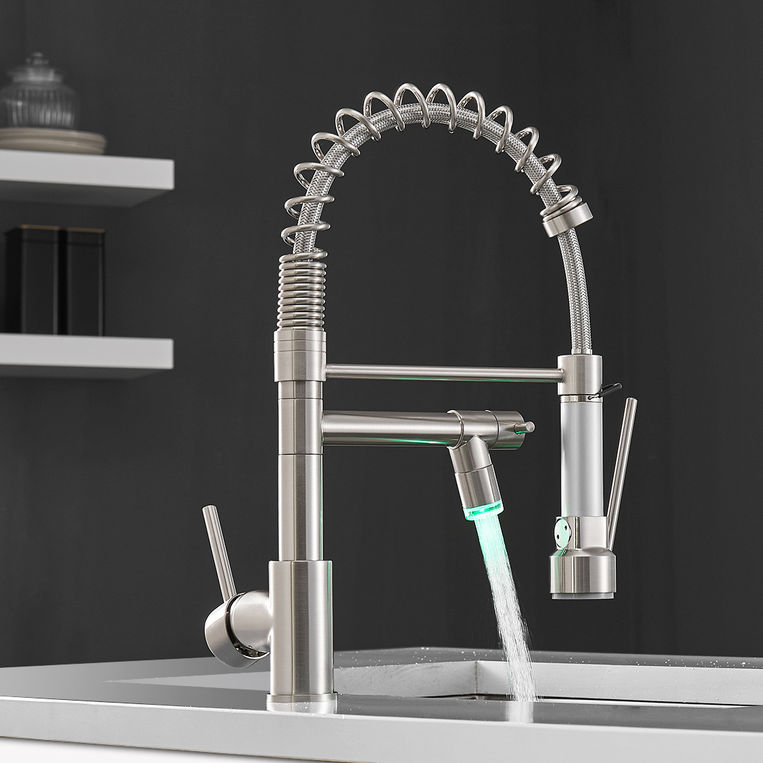 Fapully Modern LED Brushed Nickel Sink Faucet with Pull Down Spout Brass Kitchen Faucet with Pull Down Sprayer