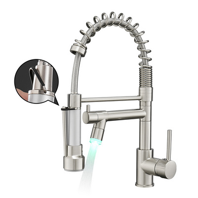 Fapully Modern LED Brushed Nickel Sink Faucet with Pull Down Spout Brass Kitchen Faucet with Pull Down Sprayer