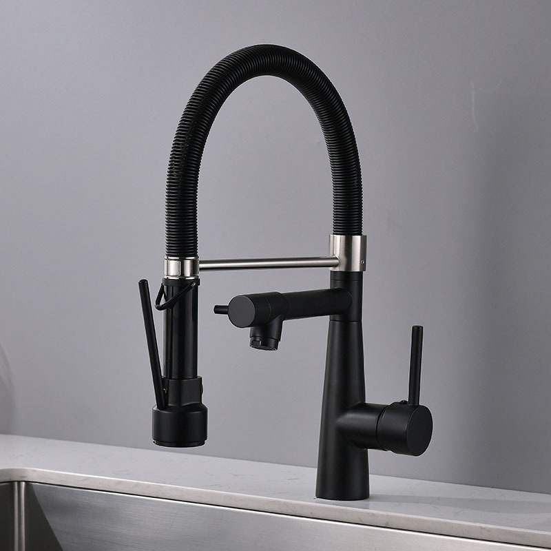 Fapully Modern Black and Brushed Nickel Faucet with Pull Down Spout Brass Kitchen Faucet with Pull Down Sprayer