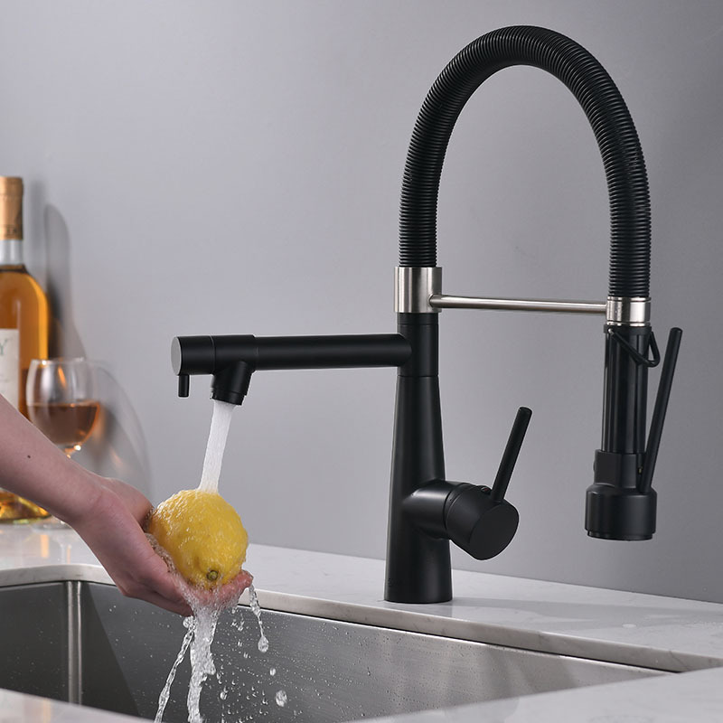 Fapully Modern Black and Brushed Nickel Faucet with Pull Down Spout Brass Kitchen Faucet with Pull Down Sprayer