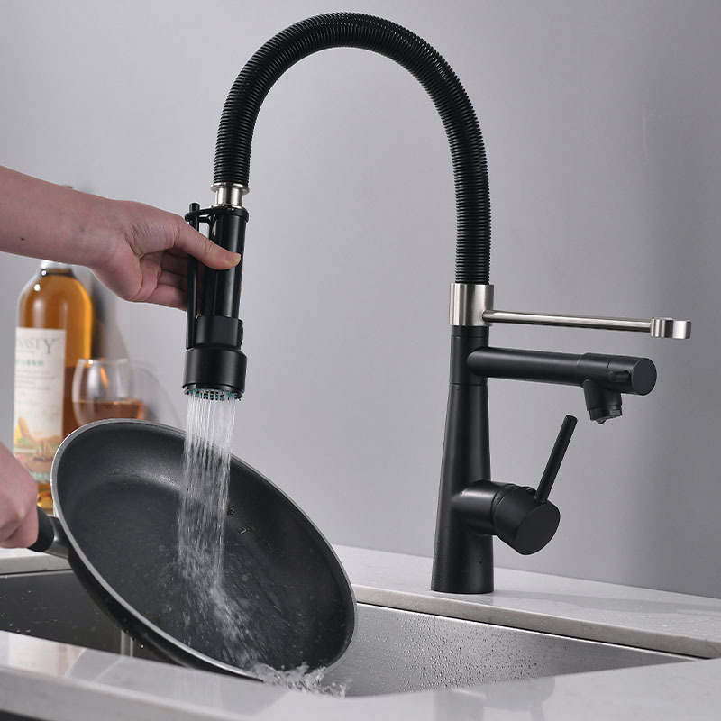 Fapully Modern Black and Brushed Nickel Faucet with Pull Down Spout Brass Kitchen Faucet with Pull Down Sprayer