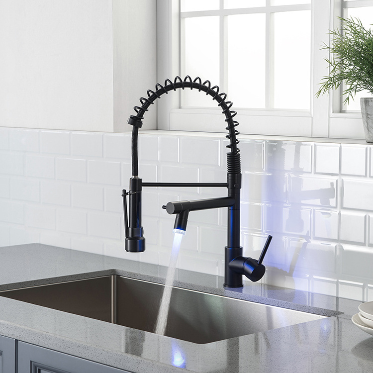 FAPULLY Luxury Design Spring Dual Spouts Brass Black Pull Kitchen Faucets With Led Light