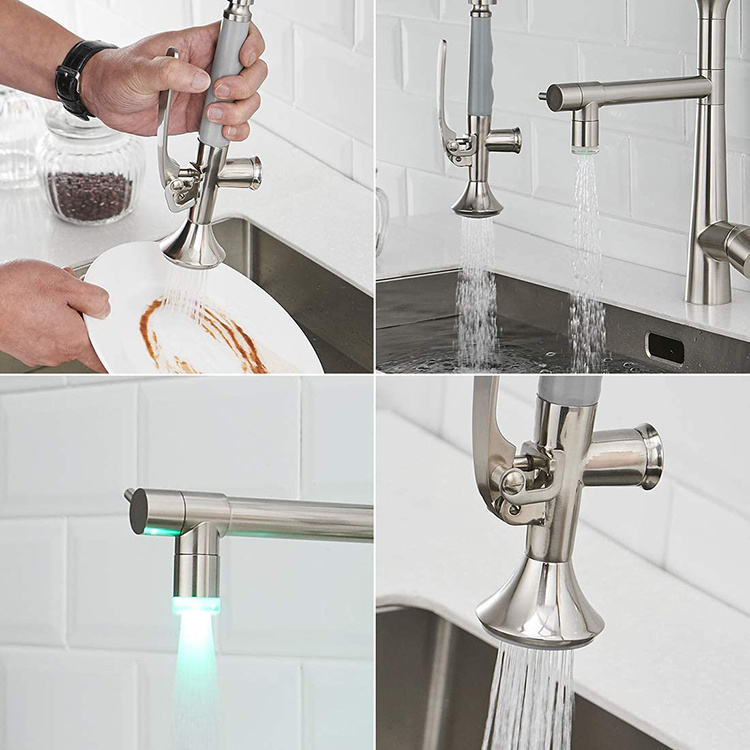 Fapully Commercial Deck Mounted Dual Handle Brushed LED Light Kitchen Faucet With Pull Down Sprayer