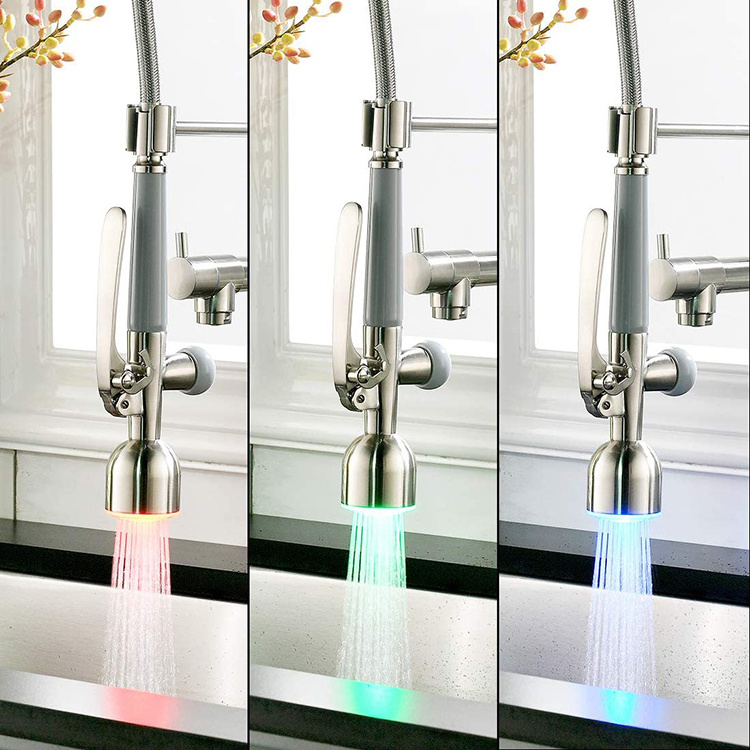 FAPULLY Commercial Pull Down Sprayer Brushed Round Nozzle LED Sink Kitchen Faucets