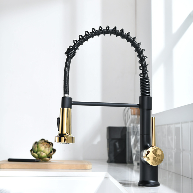 FAPULLY Golden handle and nozzle single handle spring pull down kitchen faucet