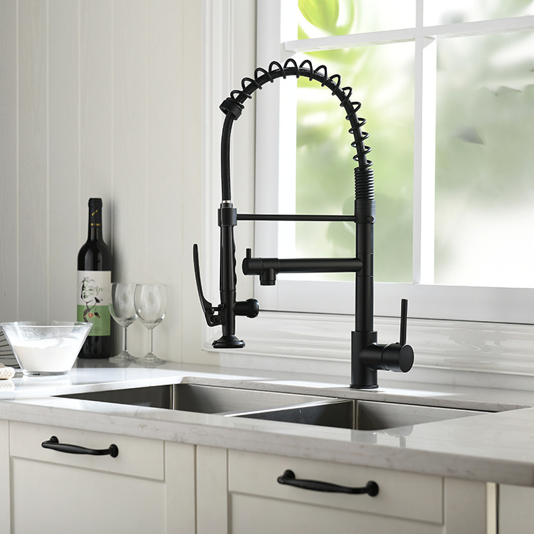 FAPULLY luxury commercial matte black taps sink spring double outlet pull down kitchen faucets