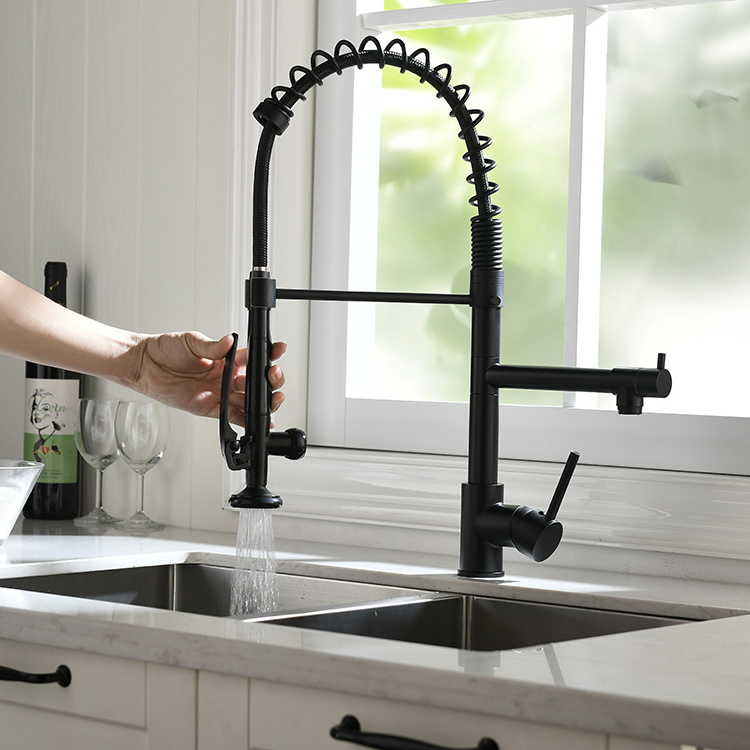 FAPULLY luxury commercial matte black taps sink spring double outlet pull down kitchen faucets