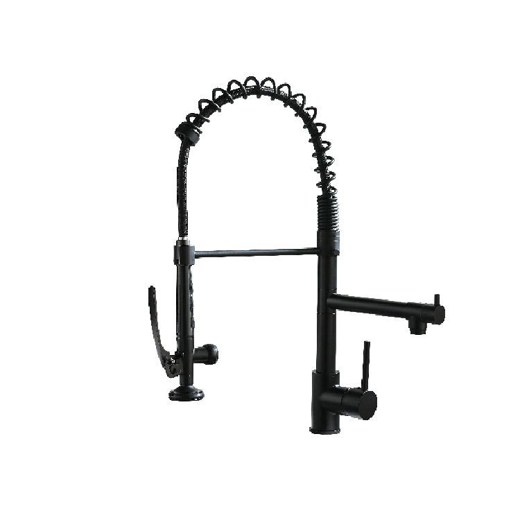 FAPULLY luxury commercial matte black taps sink spring double outlet pull down kitchen faucets