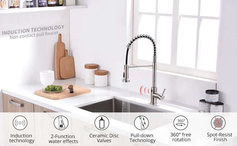 Fapully Touchless Kitchen Faucet with Pull Down Sprayer,Sensor Commercial Pull-Down Single Handle Kitchen Sink Faucet Brushed Ni