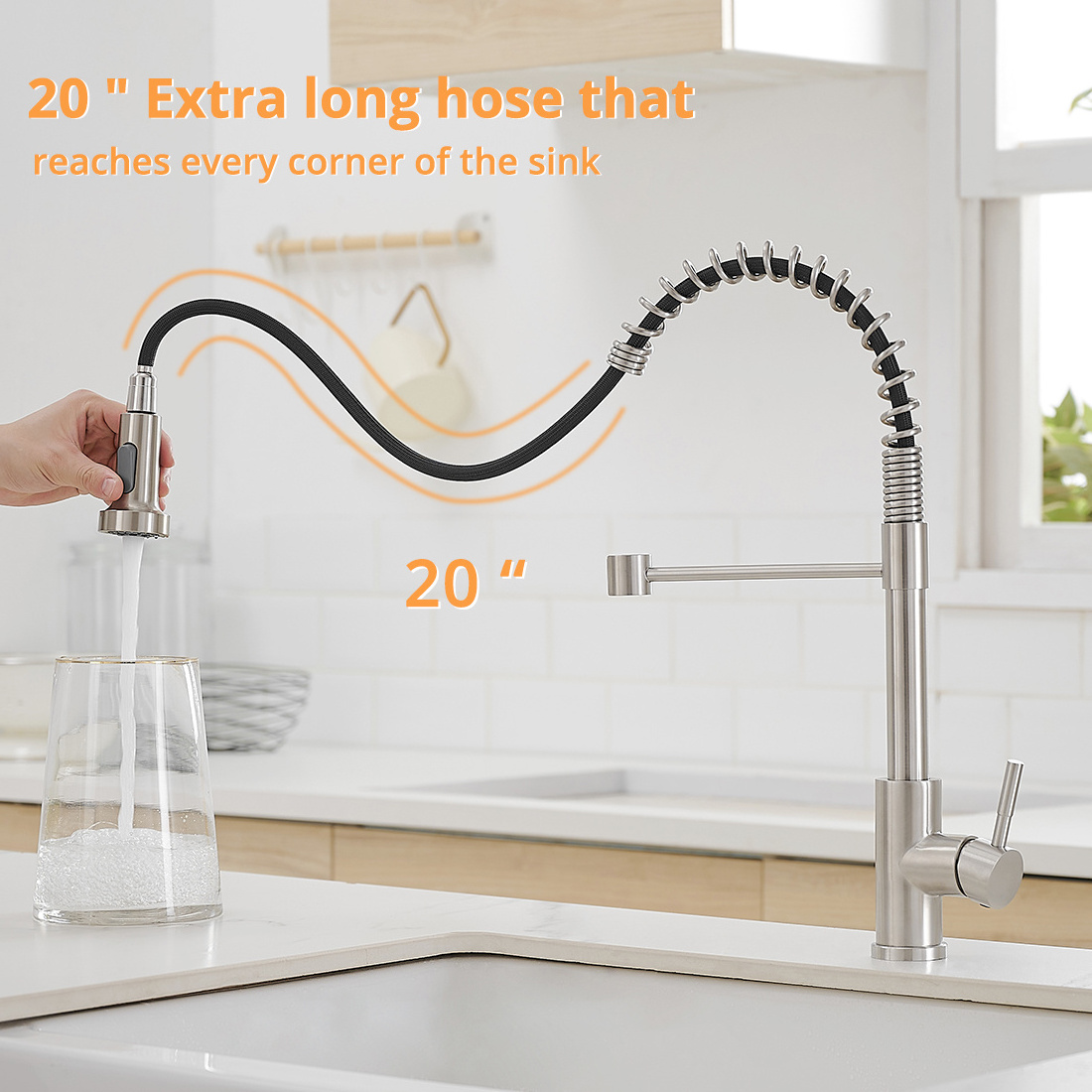 Fapully Kitchen Faucet Kitchen Sink Faucet Sprayer Hot Selling Faucet with Pull Out Sprayer Brass Modern Commercial Spring 1pcs