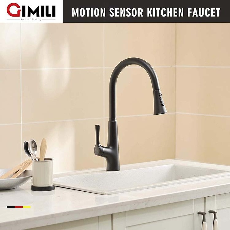 FAPULLY matte black hands-free drop-down sprayer touchless automatic sensor kitchen sink faucet