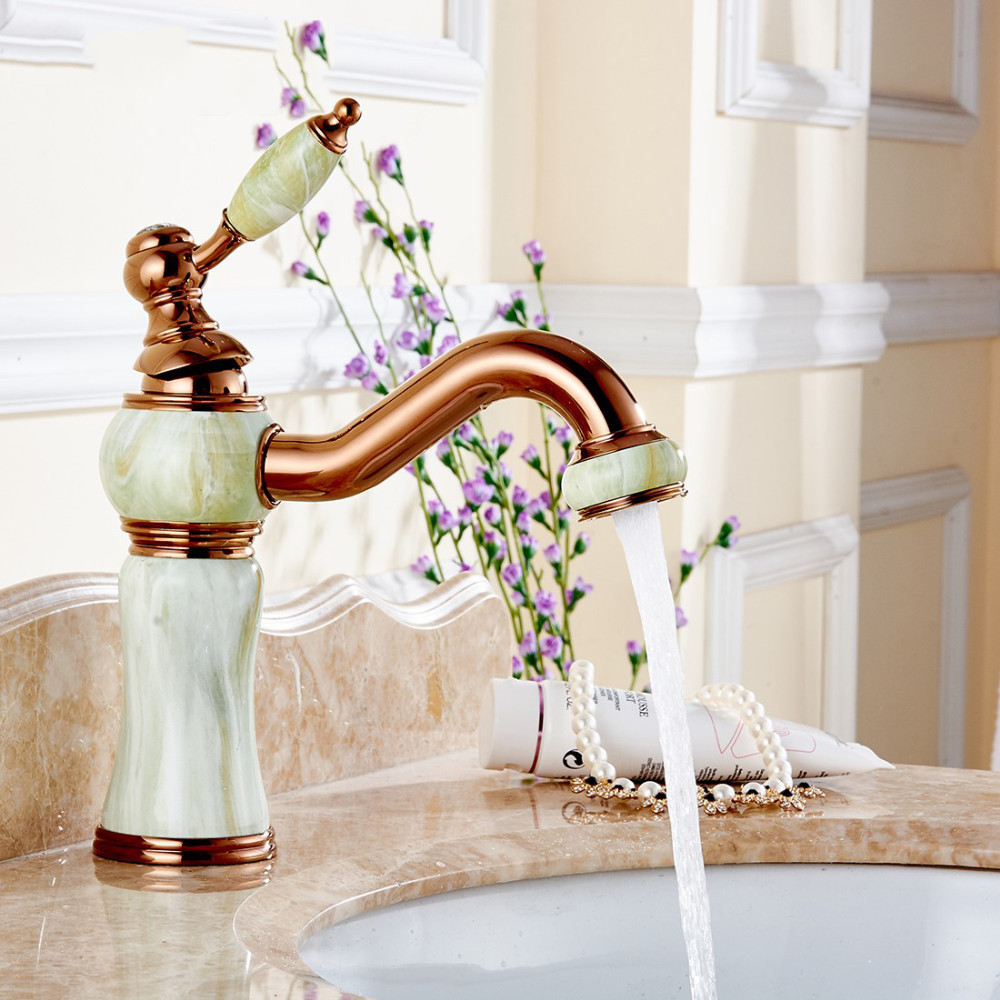 Jade Retro Faucet Basin Taps Crystal Bathroom Faucets Rose Gold Deck Mounted Single Brass Fapully Home Decoration Modern Ceramic