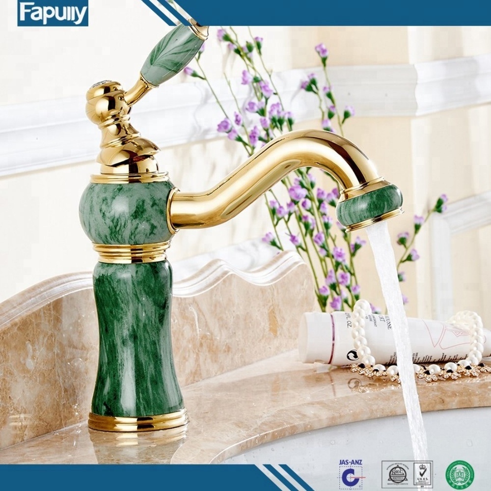 Fapully Deck Mounted Single Lever Gold Jade Painting Cold Hot Basin Faucets