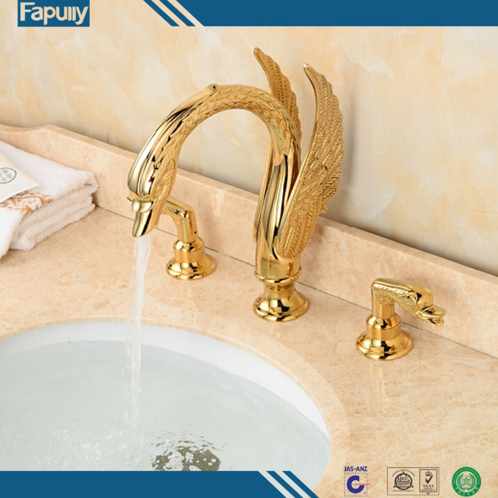 Fapully Luxury Animal Faucet,Gold Plated Swan Faucets,High Quality 3 Holes Bathroom Basin Faucet