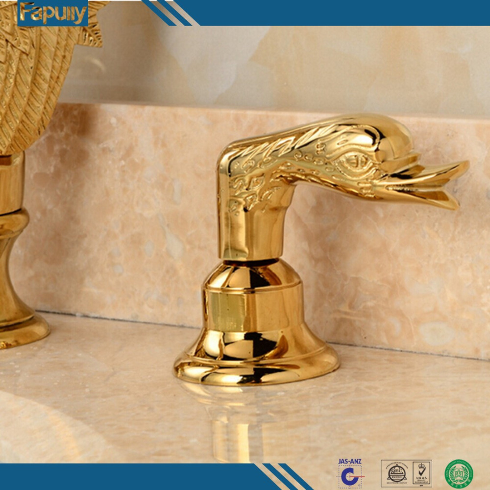 Fapully Luxury Animal Faucet,Gold Plated Swan Faucets,High Quality 3 Holes Bathroom Basin Faucet