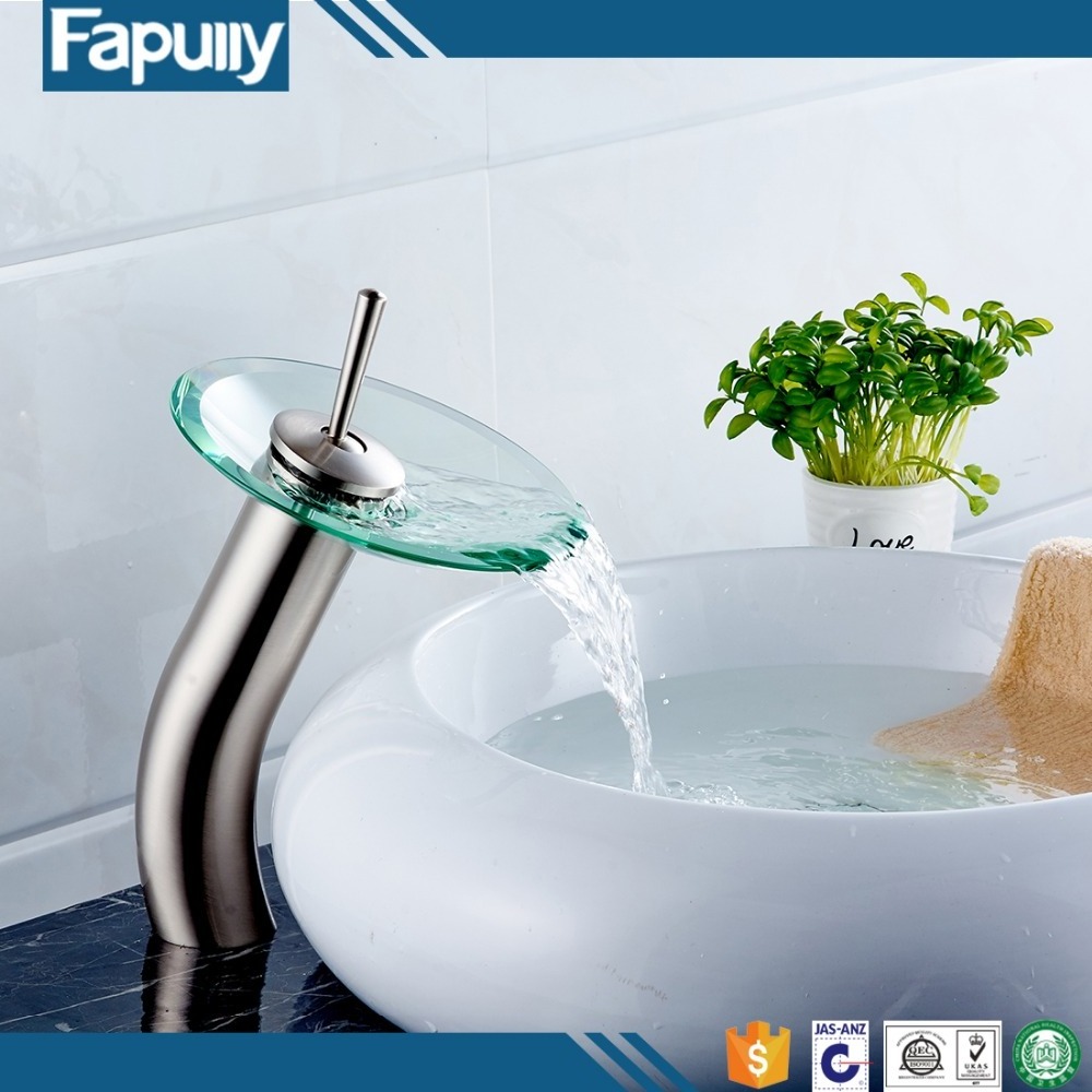 Fapully Manufacturing Waterfall Nickle Brushed Glass Tap Bathroom Basin Mixer Tap Sink Faucet