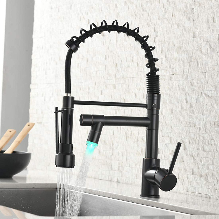 Kitchen Sink Pull Out Down Faucet with Spring Loaded Mixer Taps Oil Rubbed Bronze Modern Contemporary Ceramic Single Handle