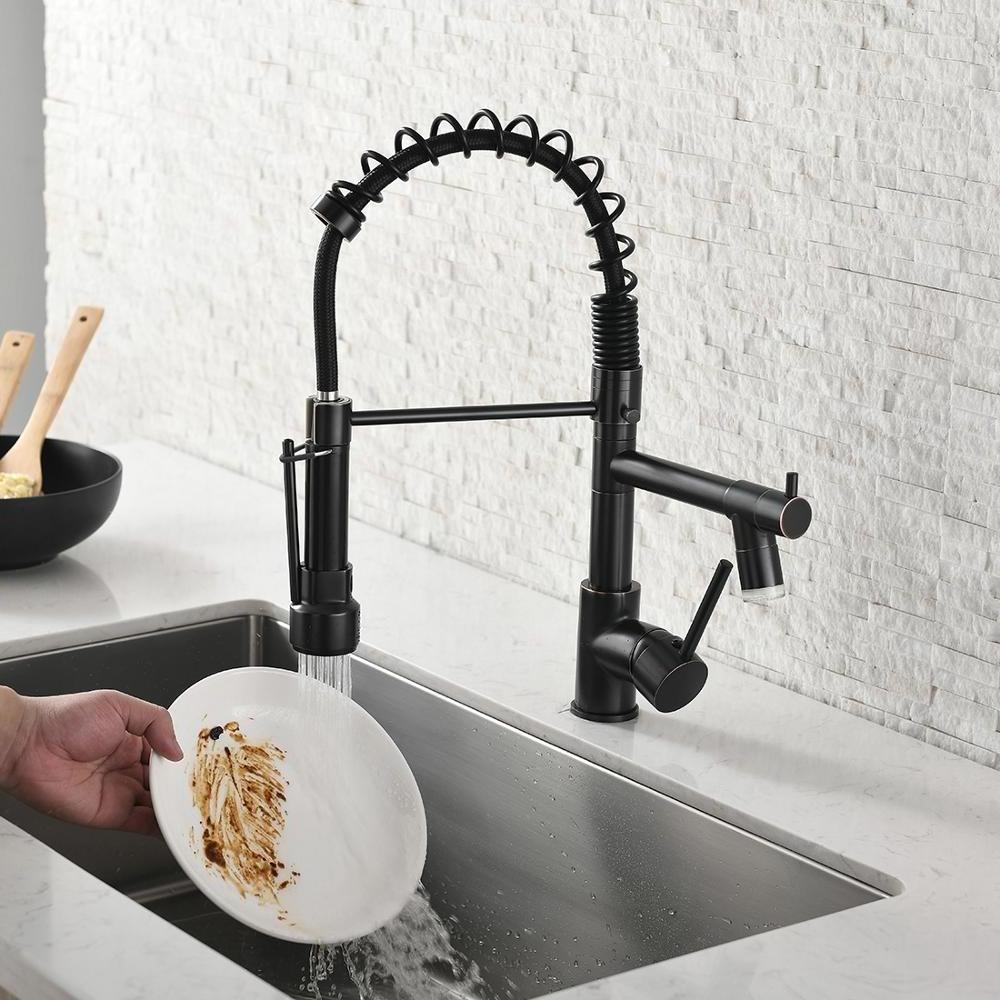 Kitchen Sink Pull Out Down Faucet with Spring Loaded Mixer Taps Oil Rubbed Bronze Modern Contemporary Ceramic Single Handle