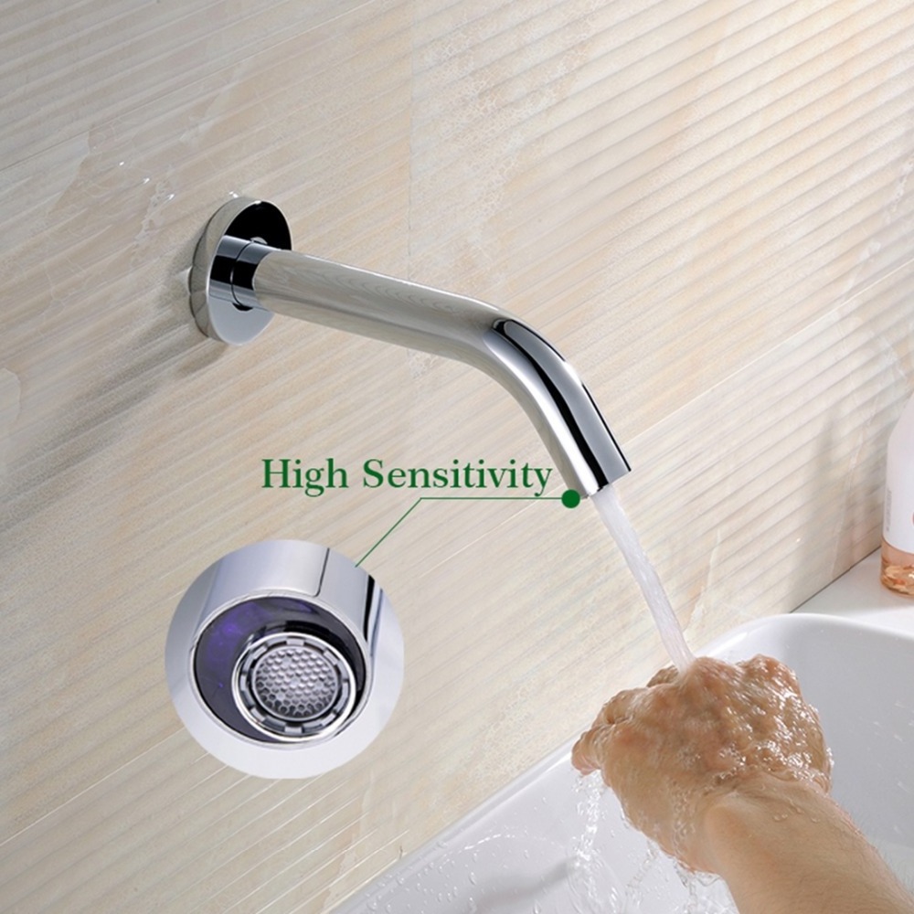 Fapully Save Water Bathroom Wall Mounted Electrical Sensor Automatic Faucet Brass Modern Contemporary Ceramic Hotel Polished