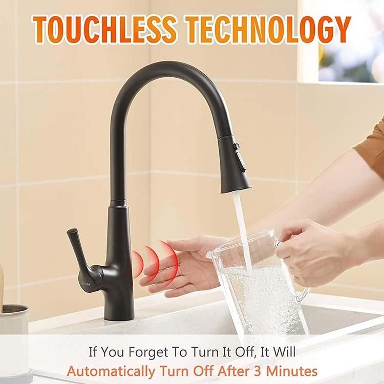 FAPULLY matte black hands-free drop-down sprayer touchless automatic sensor kitchen sink faucet