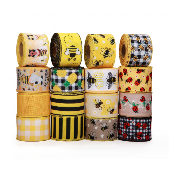 2023 New Style Customized 2.5 Inches Black Yellow Stripes Bumble Bee Easter Spring Edge Wired Burlap Ribbon