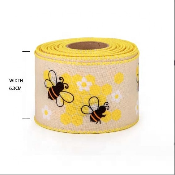 2023 New Style Customized 2.5 Inches Black Yellow Stripes Bumble Bee Easter Spring Edge Wired Burlap Ribbon