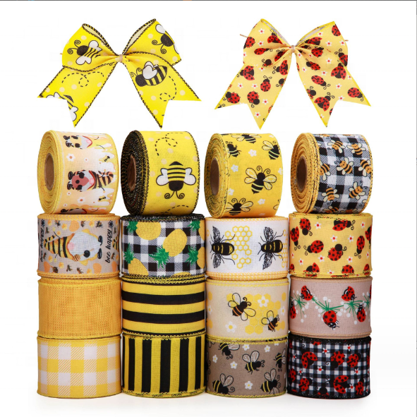 2023 New Style Customized 2.5 Inches Black Yellow Stripes Bumble Bee Easter Spring Edge Wired Burlap Ribbon