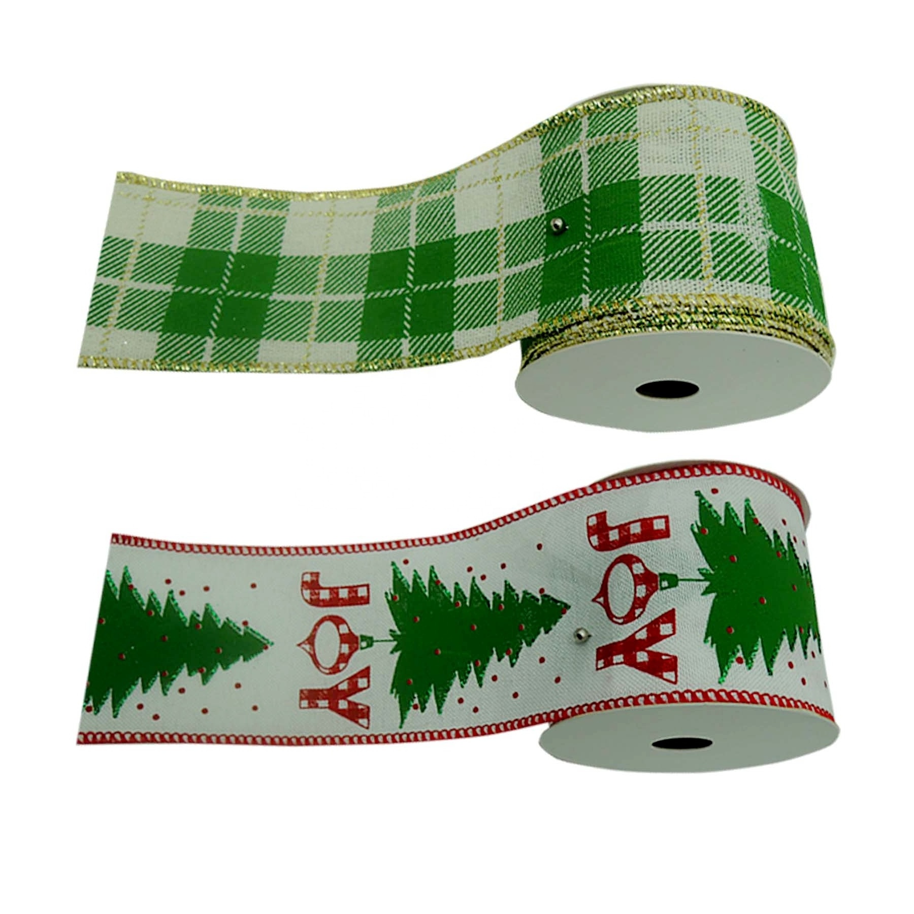 Factory Wholesale Christmas Decors White and Red Pattern Wired Edge Burlap Ribbon Wholesale