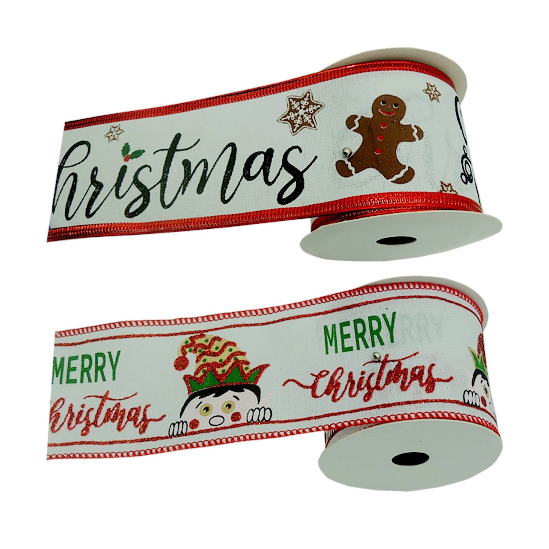 Factory Wholesale Christmas Decors White and Red Pattern Wired Edge Burlap Ribbon Wholesale