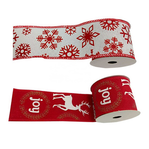 Factory Wholesale Christmas Decors White and Red Pattern Wired Edge Burlap Ribbon Wholesale