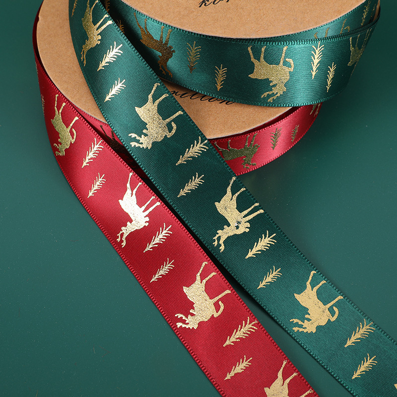 New Foil Gold Printed Xmas Tree Deer Santa Claus Snowman Grosgrain Christmas Ribbon For Packing