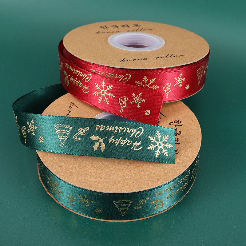 New Foil Gold Printed Xmas Tree Deer Santa Claus Snowman Grosgrain Christmas Ribbon For Packing