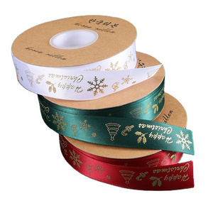 New Foil Gold Printed Xmas Tree Deer Santa Claus Snowman Grosgrain Christmas Ribbon For Packing