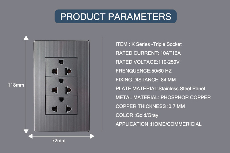 Stainless Steel Panel   interruptor Enchufe US standard light home wall switch Triple Socket outlet electrical