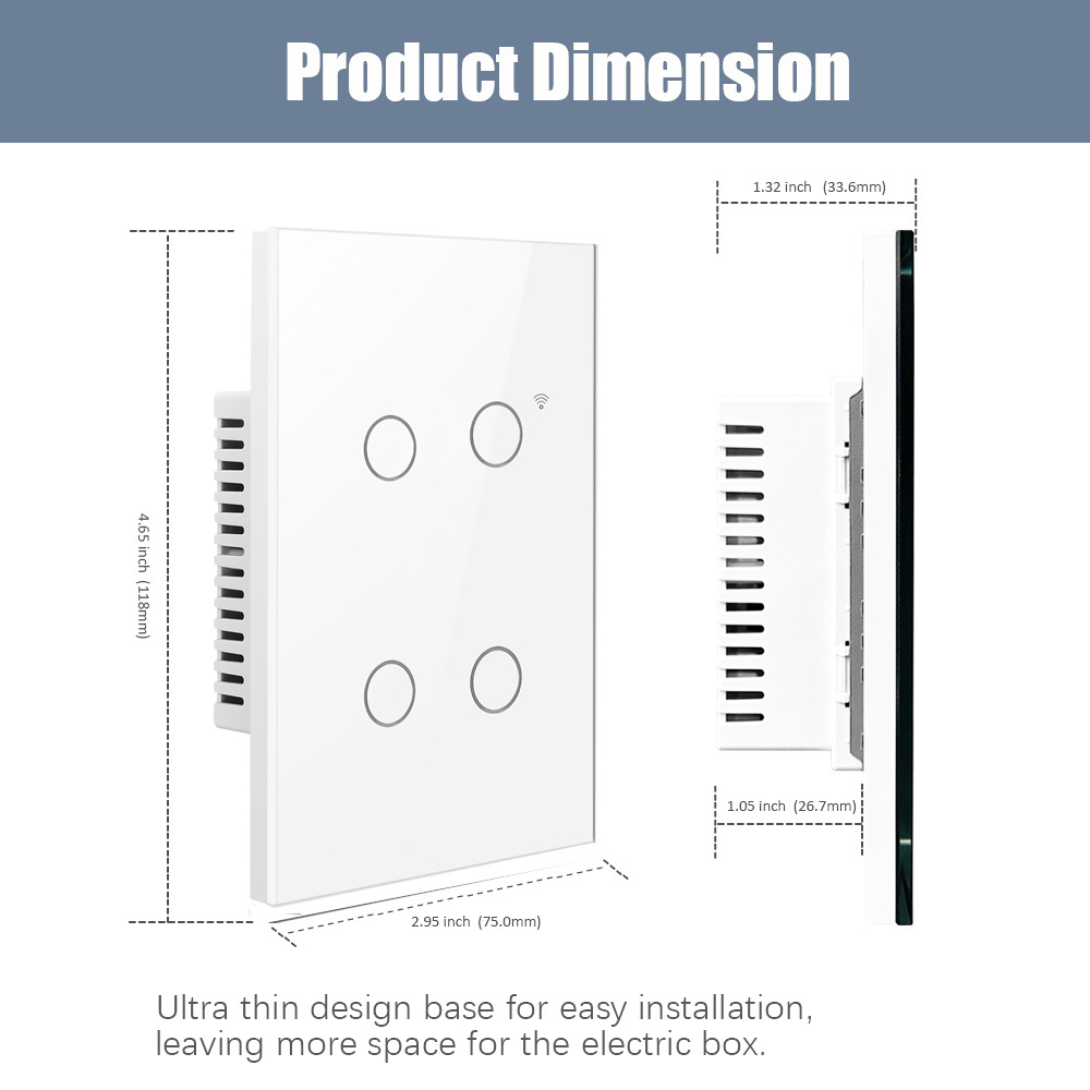 EU US 4 Gang Glass Panel lighting WIFI switch Tuya Smart Switch APP Control Glass Plate Smart Wall Switch